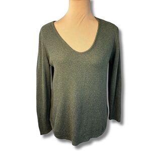 J. Jill V-Neck Sweater Womens SP Green Textured Knit Long Sleeve Cotton Blend
